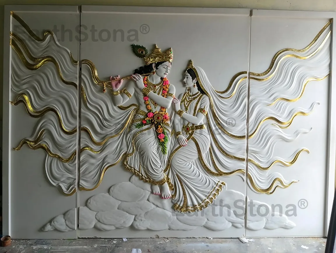 Radha Krishna natural stone wall mural with gold detailing and backlit luxury wall art by EarthStona